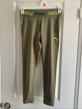 Puma Olive Green Leggings with Neon Yellow Logo